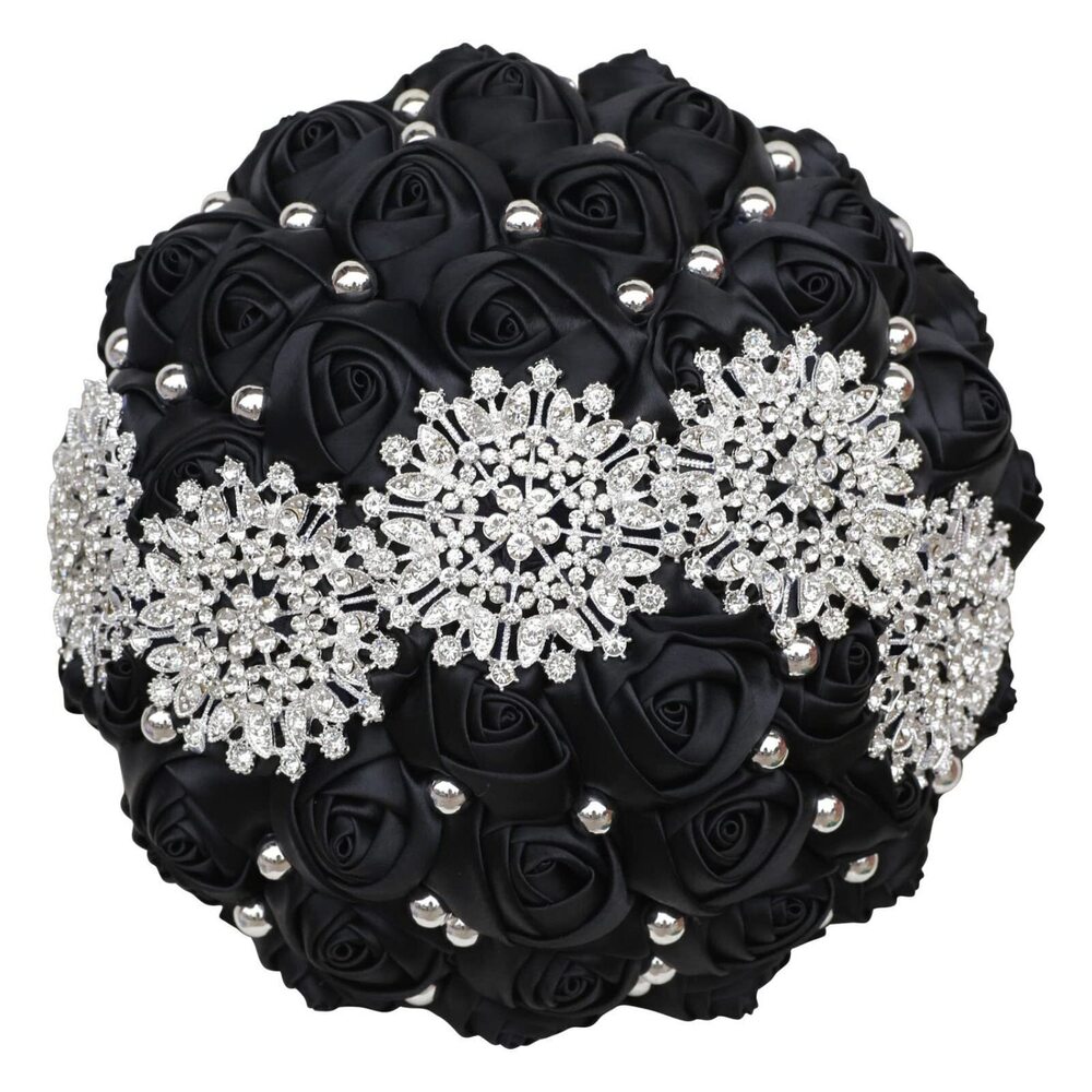 9254 Black Bridal Wedding Bouquet with Luxury Bling Rhinestone Brooch